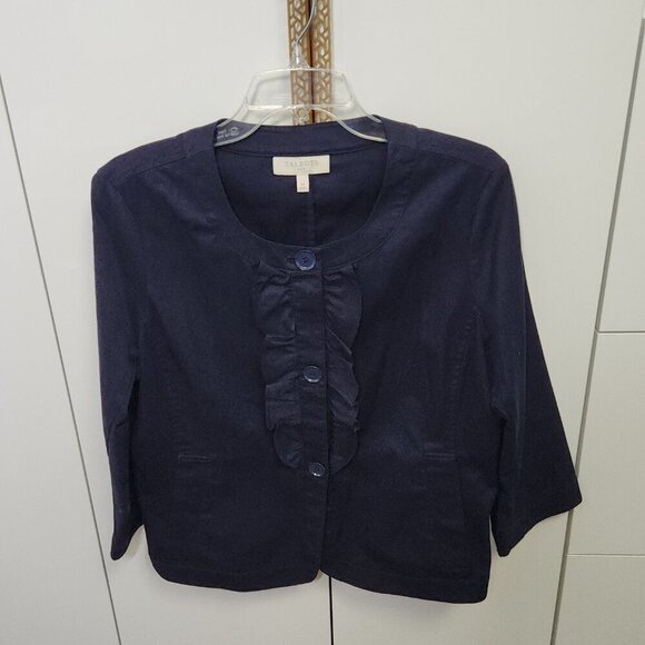 Talbots Blazer Jacket Women's Navy-Blue Ruffle Front Size 12 - Picture 2 of 3